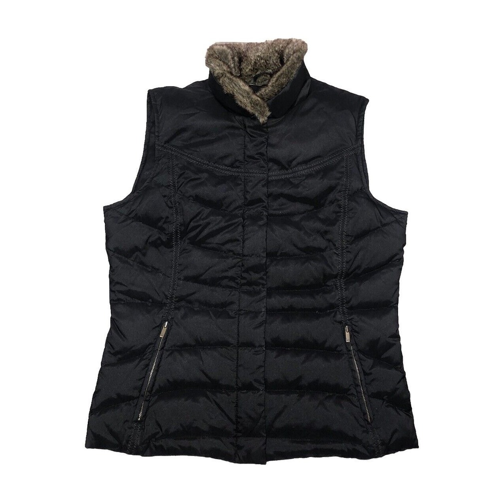 Eddie Bauer Vest Women's S Black Goose Down Puffer‎ Faux Fur Collar